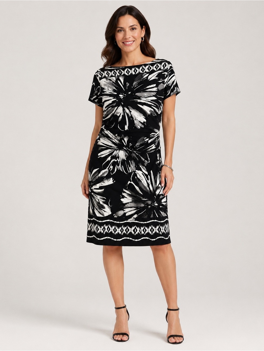 NWOT St Tropez Black White Tropical Jersey Boatneck Shift Dress Sz Womens 14